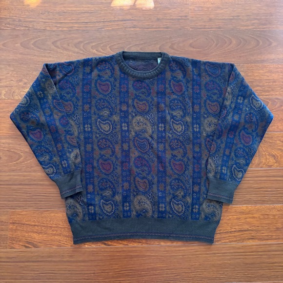 American Vintage Other - Vintage Made in Italy Mens XL Paisley Wool Blend Sweater Crewneck Blue Brown Y2K